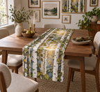 Birch Grove Gallery Table Runner with flat printed optical 3D ivory birch trunks, teal and sage leaves and warm light
