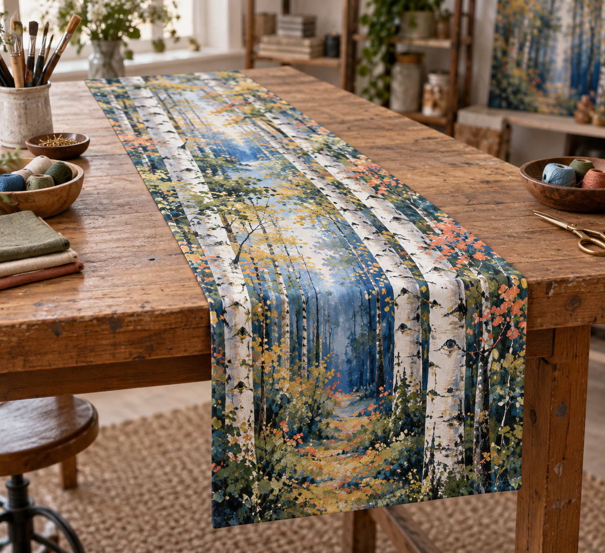 Birch Grove Hobby Studio Table Runner with flat printed optical 3D ivory birch trunks, emerald and teal leaves and creative studio light