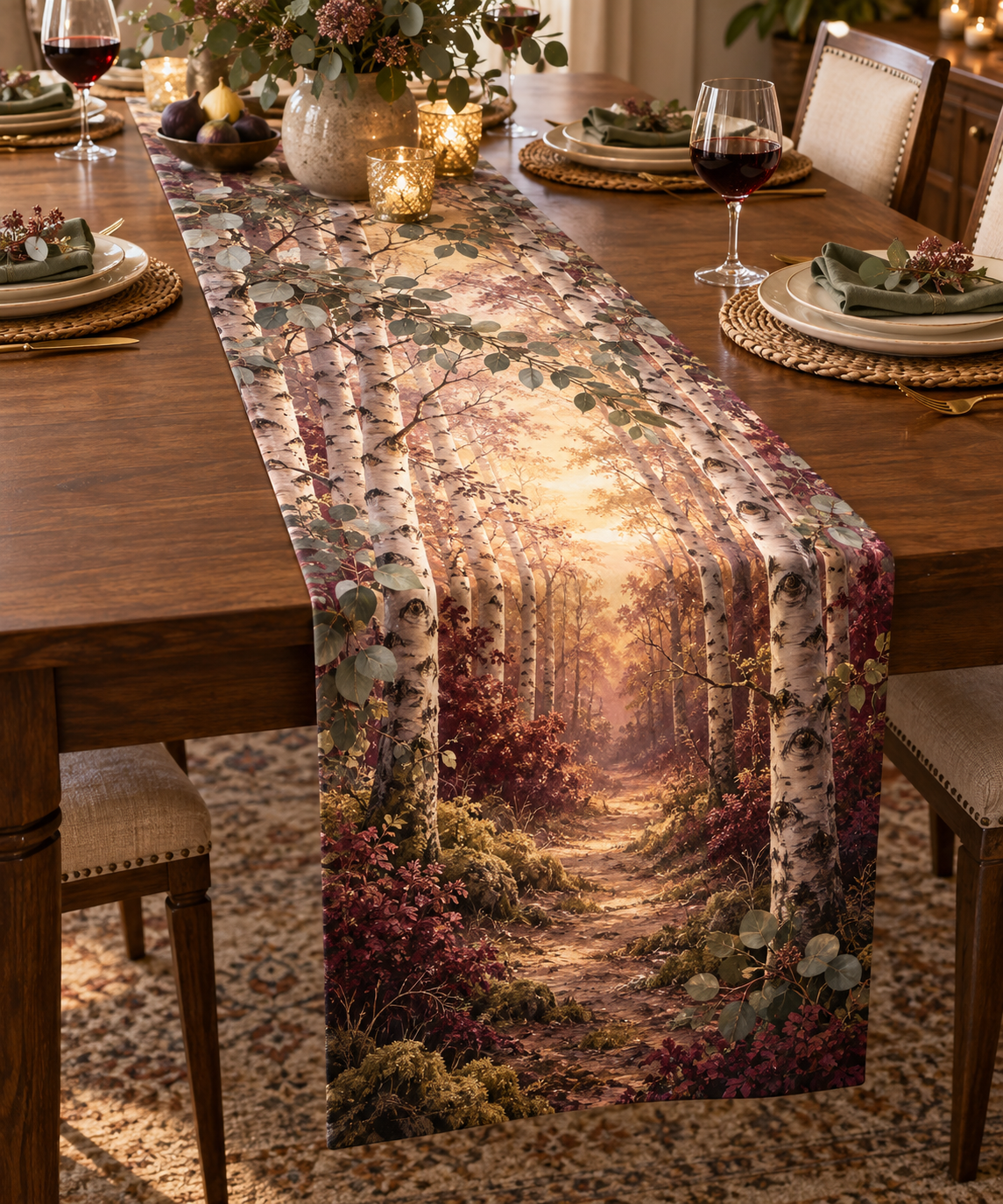 Birch Grove Host Gift Table Runner with flat printed optical 3D porcelain birch trunks, sage leaves and copper light