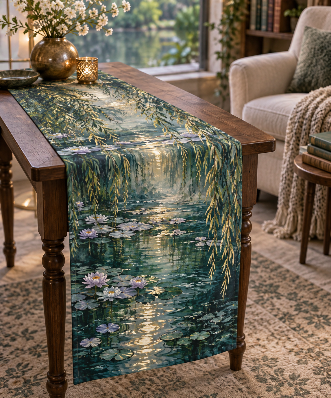 Willow Pond Reading Nook Table Runner with flat printed optical 3D willow fronds, jade pond ripples and water lilies