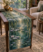 Willow Pond Reading Nook Table Runner with flat printed optical 3D willow fronds, jade pond ripples and water lilies