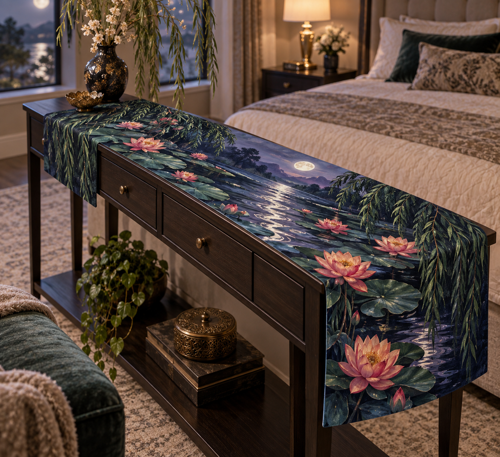 Willow Pond Bedroom Table Runner with flat printed optical 3D willow branches, blue pond ripples and water lilies