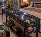 Willow Pond Bedroom Table Runner with flat printed optical 3D willow branches, blue pond ripples and water lilies