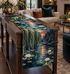 Willow Pond Living Room Table Runner with flat printed optical 3D jade willow strands, peacock-blue pond and water lilies