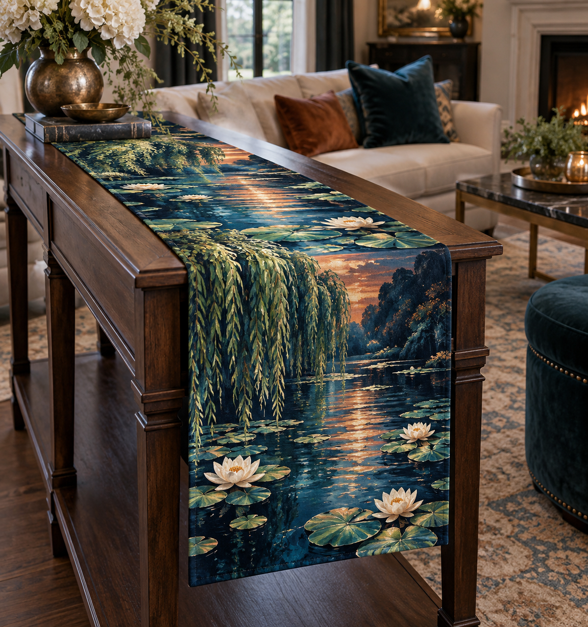 Willow Pond Living Room Table Runner with flat printed optical 3D jade willow strands, peacock-blue pond and water lilies