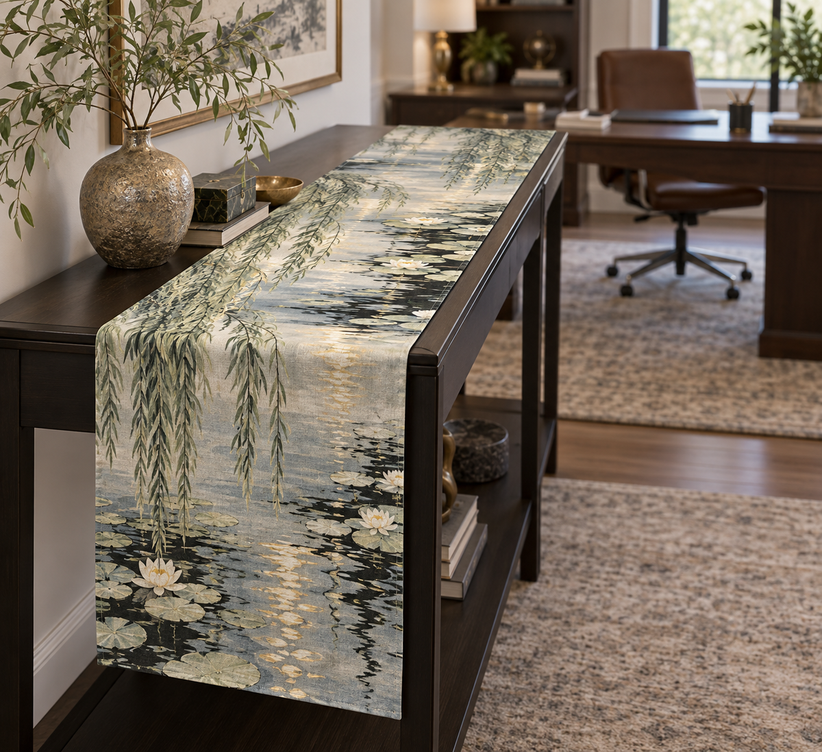 Willow Pond Home Office Table Runner with flat printed optical 3D sage willow fronds, slate-blue pond and ivory water lilies
