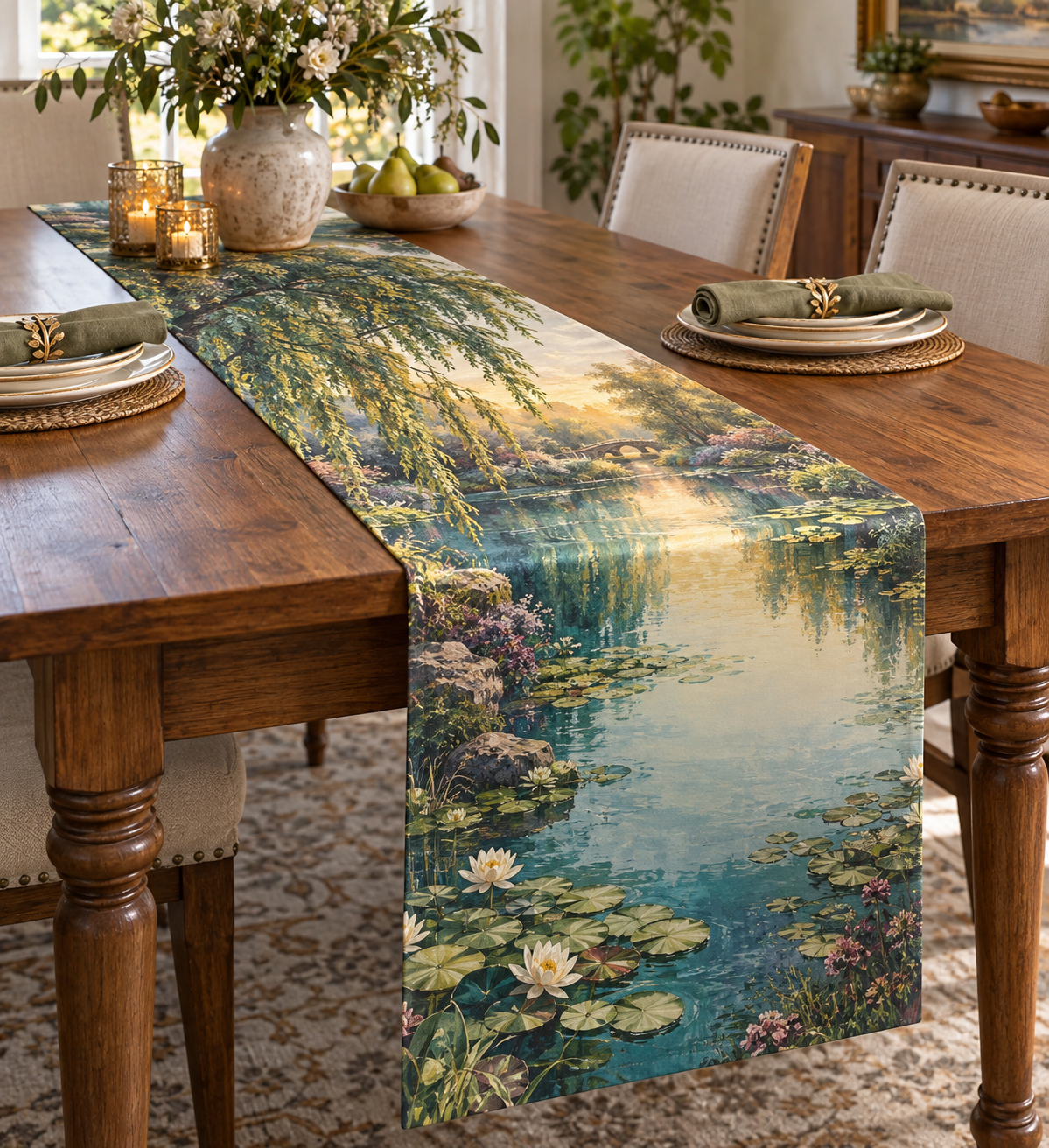 Willow Pond Housewarming Table Runner with flat printed optical 3D willow pond artwork; family name is added from the customer input