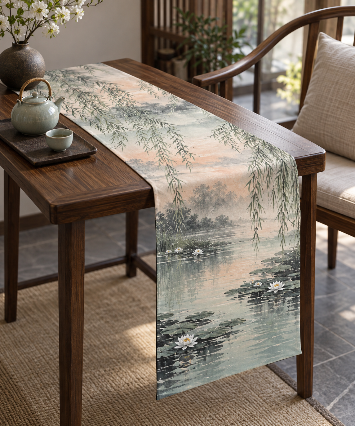 Willow Pond Quiet Corner Table Runner with flat printed optical 3D silver-sage willow fronds, pale aqua pond and white lilies