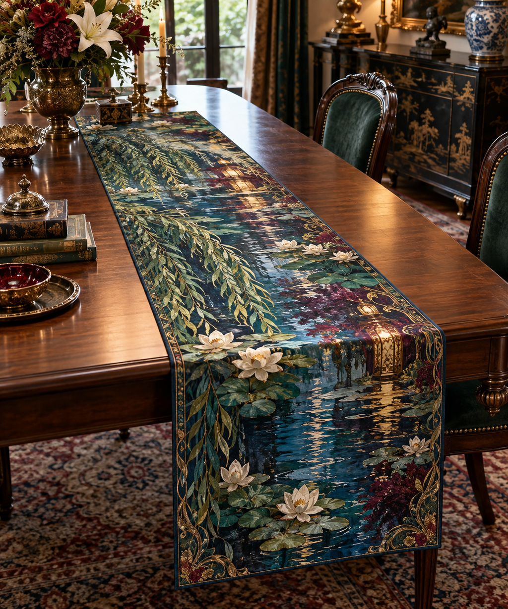 Willow Pond Collector Table Runner with flat printed optical 3D emerald willow leaves, sapphire pond and ivory lilies