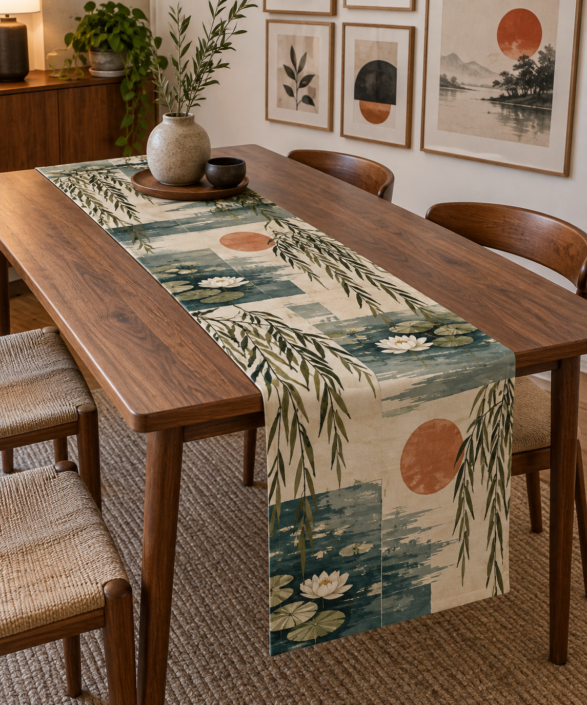 Willow Pond Gallery Table Runner with flat printed optical 3D olive willow fronds, aqua pond and ivory lily discs