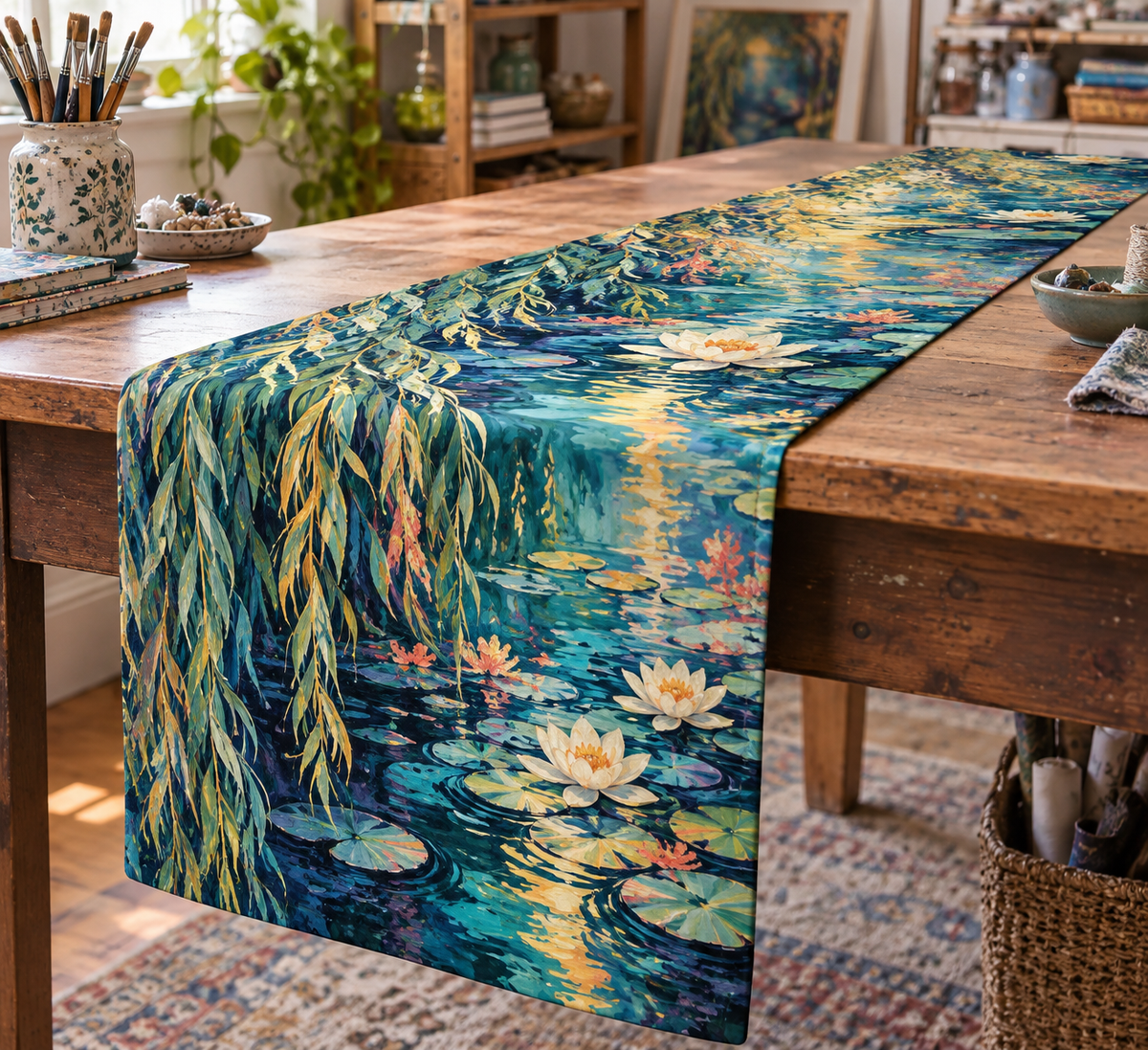 Willow Pond Hobby Studio Table Runner with flat printed optical 3D painterly willow, cobalt pond and ivory lilies