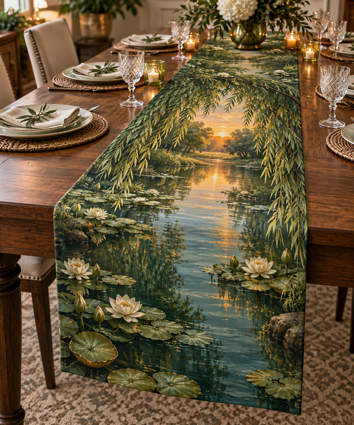 Willow Pond Host Gift Table Runner with flat printed optical 3D jade willow boughs, blue-green pond and ivory lilies
