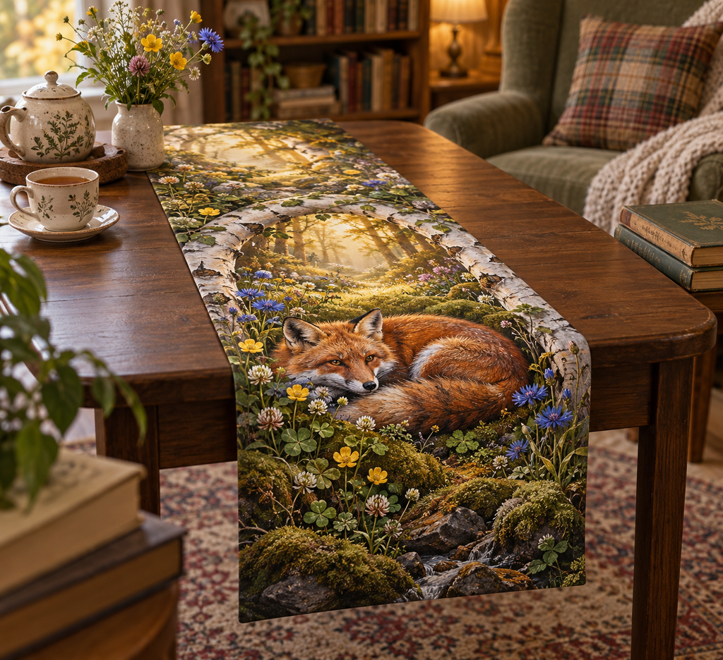 Fox Wildflower Reading Nook Table Runner with flat printed optical 3D russet fox, buttercups, cornflowers and birch grove