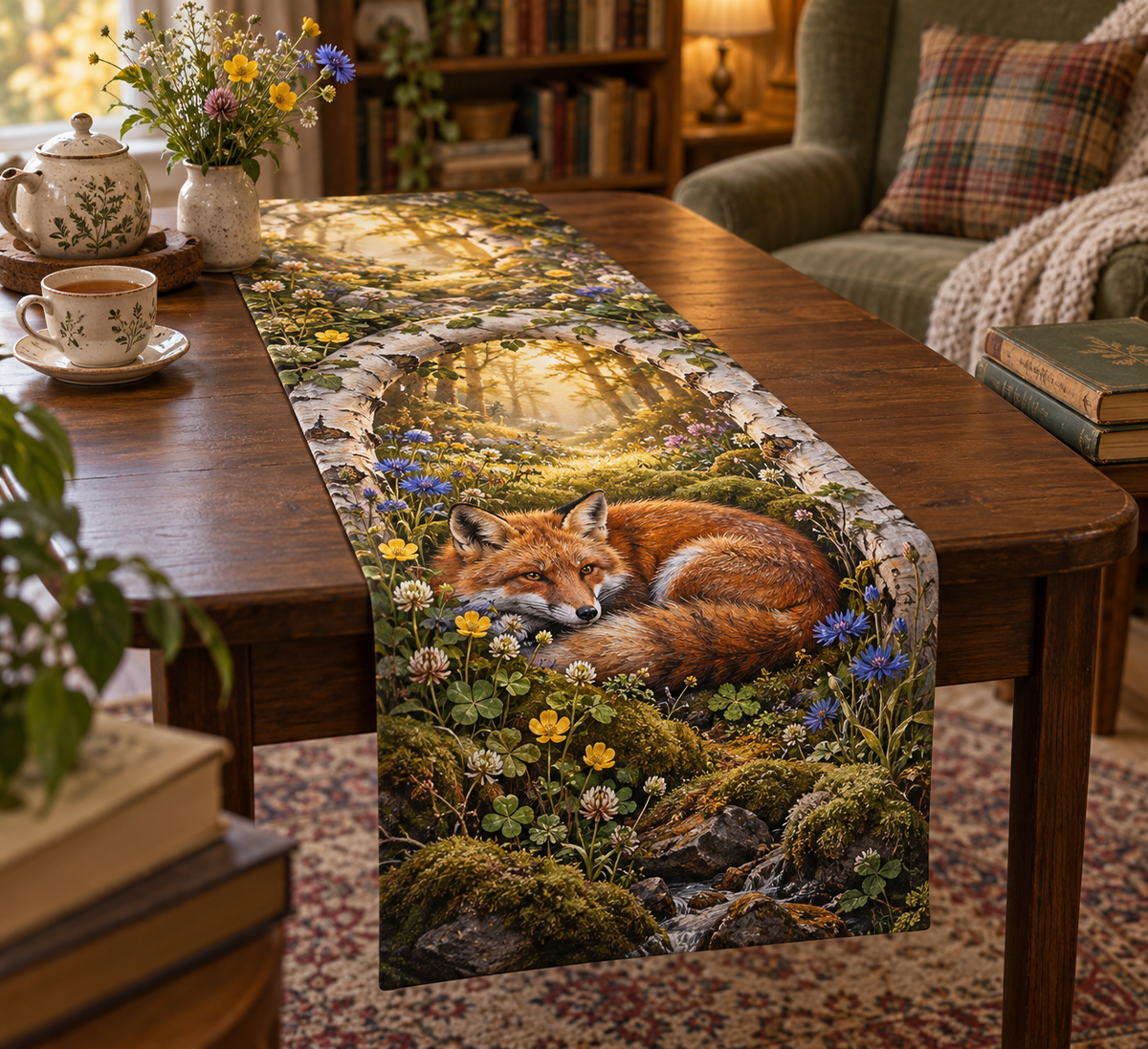 Fox Wildflower Reading Nook Table Runner with flat printed optical 3D russet fox, buttercups, cornflowers and birch grove