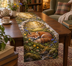 Fox Wildflower Reading Nook Table Runner with flat printed optical 3D russet fox, buttercups, cornflowers and birch grove