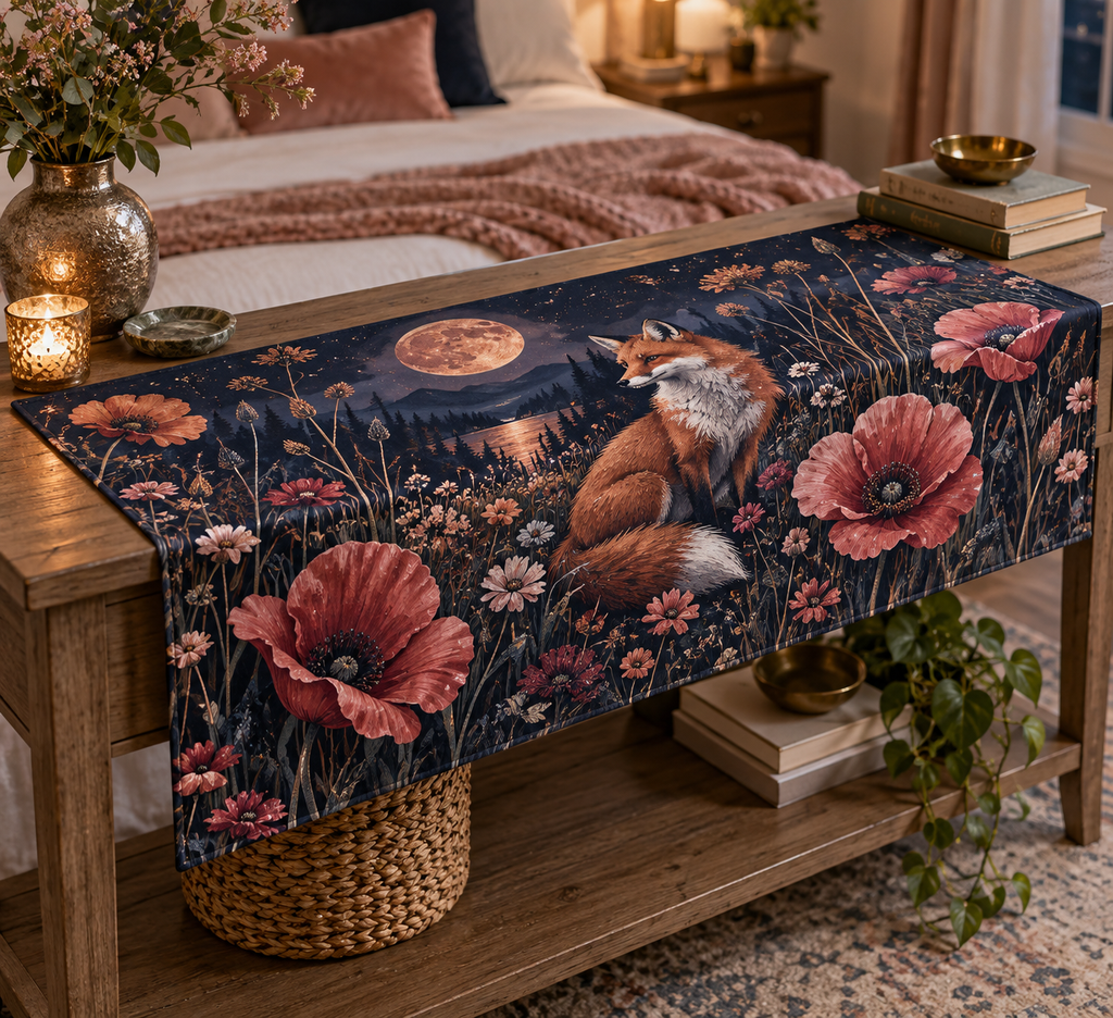 Fox Wildflower Bedroom Table Runner with flat printed optical 3D russet fox, rose poppies and midnight meadow