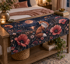 Fox Wildflower Bedroom Table Runner with flat printed optical 3D russet fox, rose poppies and midnight meadow