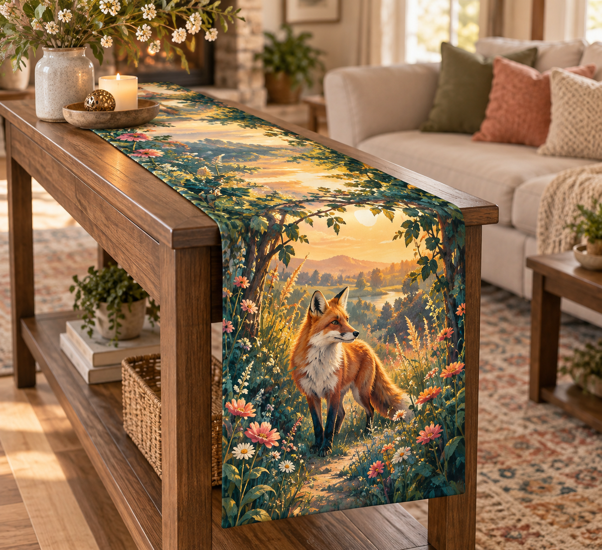 Fox Wildflower Living Room Table Runner with flat printed optical 3D russet fox, poppies, meadow grasses and leafy arch