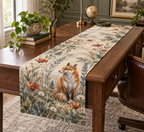 Fox Wildflower Office Table Runner with flat printed optical 3D fox, meadow stems, sage foliage and muted rust accents