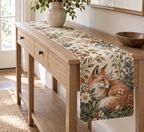 Fox Wildflower Welcome Table Runner with flat printed optical 3D fox and wildflower artwork; family name is added from the customer input