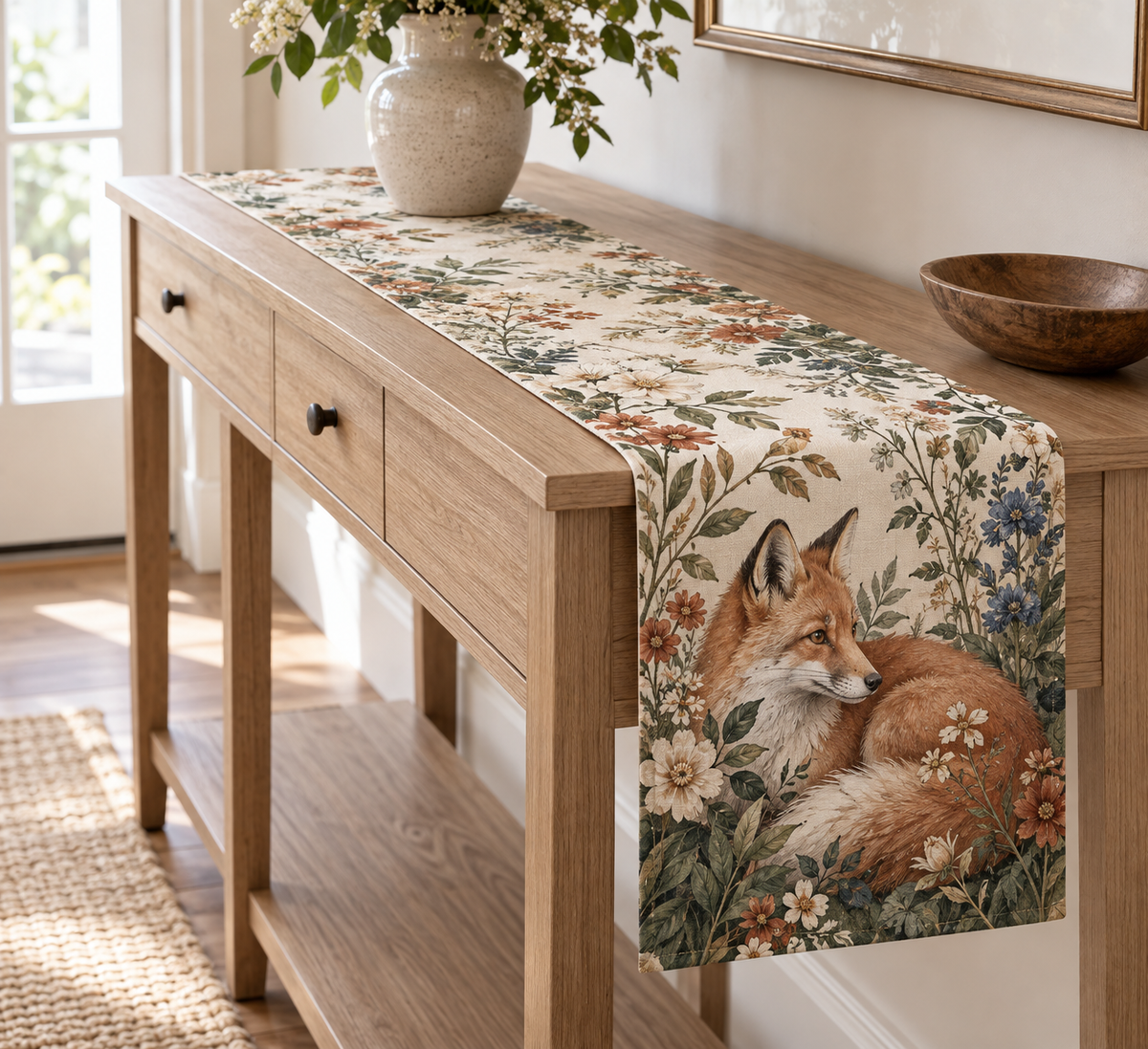 Fox Wildflower Welcome Table Runner with flat printed optical 3D fox and wildflower artwork; family name is added from the customer input