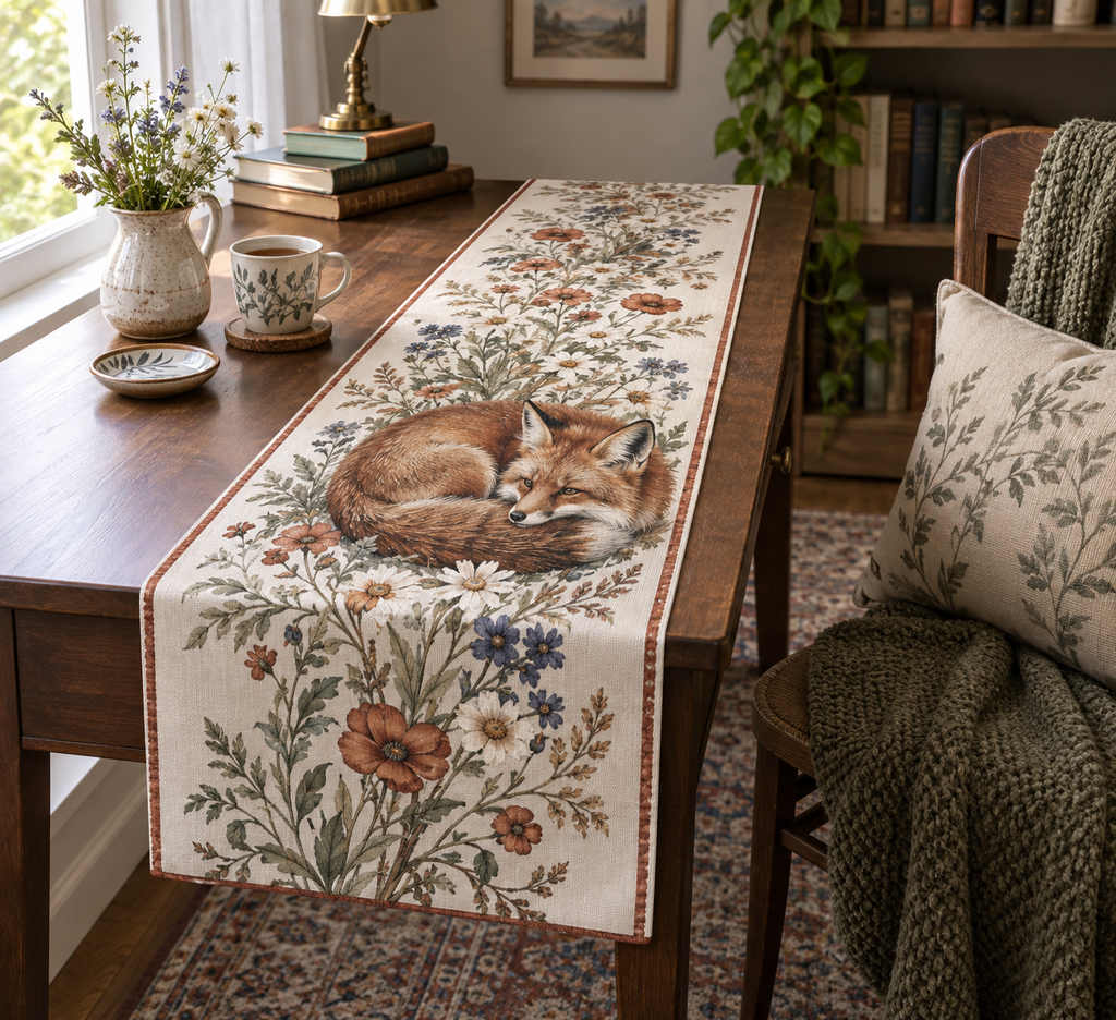 Fox Wildflower Quiet Corner Table Runner with flat printed optical 3D fox, wildflowers, sage leaves and quiet-corner styling
