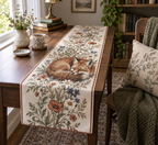 Fox Wildflower Quiet Corner Table Runner with flat printed optical 3D fox, wildflowers, sage leaves and quiet-corner styling