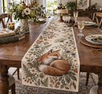 Fox Wildflower Collector Table Runner with flat printed optical 3D fox, meadow botanicals and collector-inspired detail