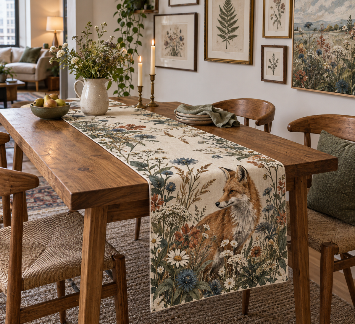 Fox Wildflower Gallery Table Runner with flat printed optical 3D fox, meadow botanicals and curated apartment-gallery styling