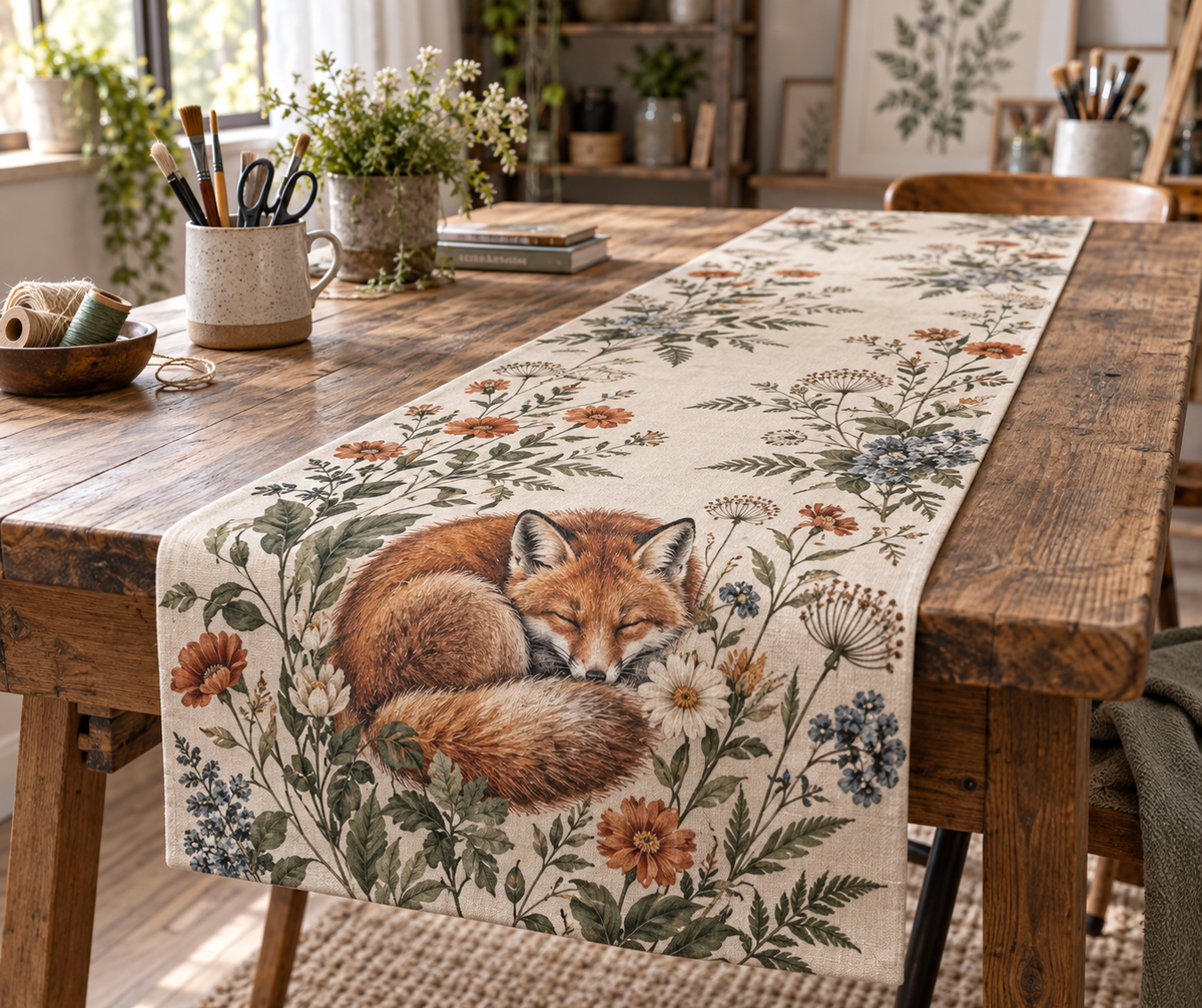 Fox Wildflower Studio Table Runner with flat printed optical 3D fox, wildflower botanicals and creative-studio styling