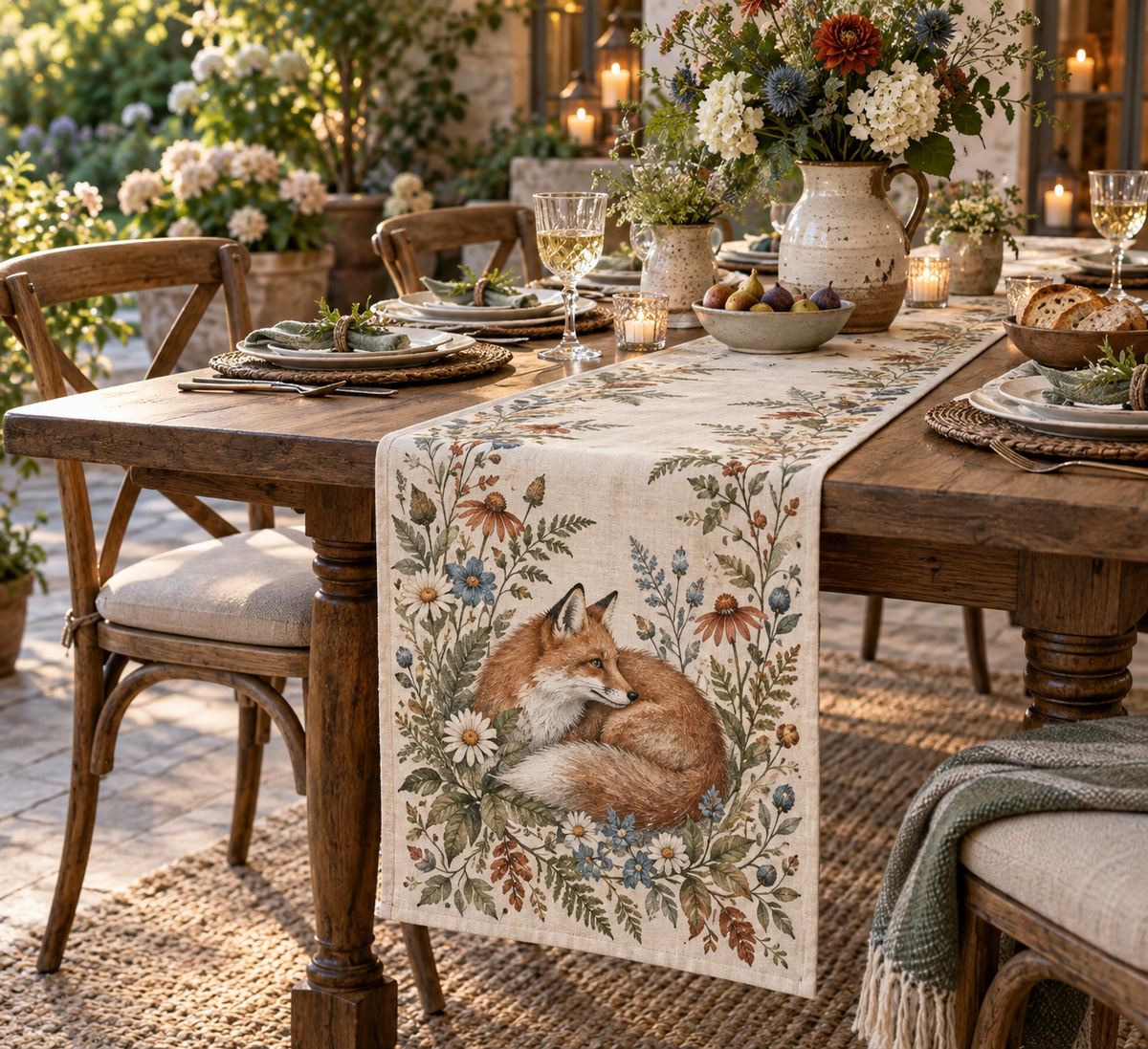 Fox Wildflower Host Thank You Table Runner with flat printed optical 3D fox, meadow flowers and thoughtful host-gift styling