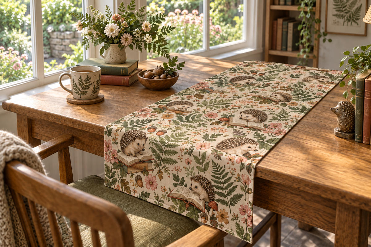 Printed table runner with hedgehogs reading among ferns, books and garden blooms in a cozy reading nook.