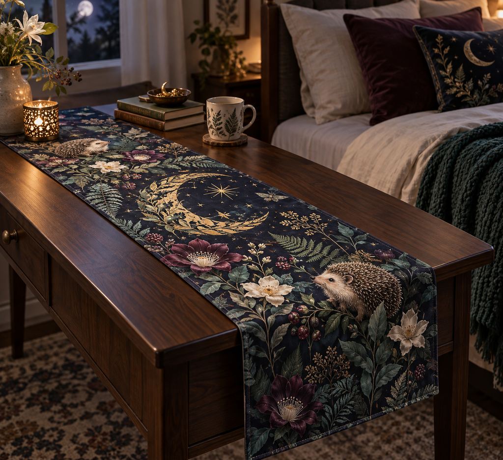 Printed hedgehog garden table runner with leaf crescent moons and night flowers on a bedroom reading table.