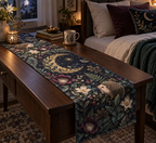 Printed hedgehog garden table runner with leaf crescent moons and night flowers on a bedroom reading table.