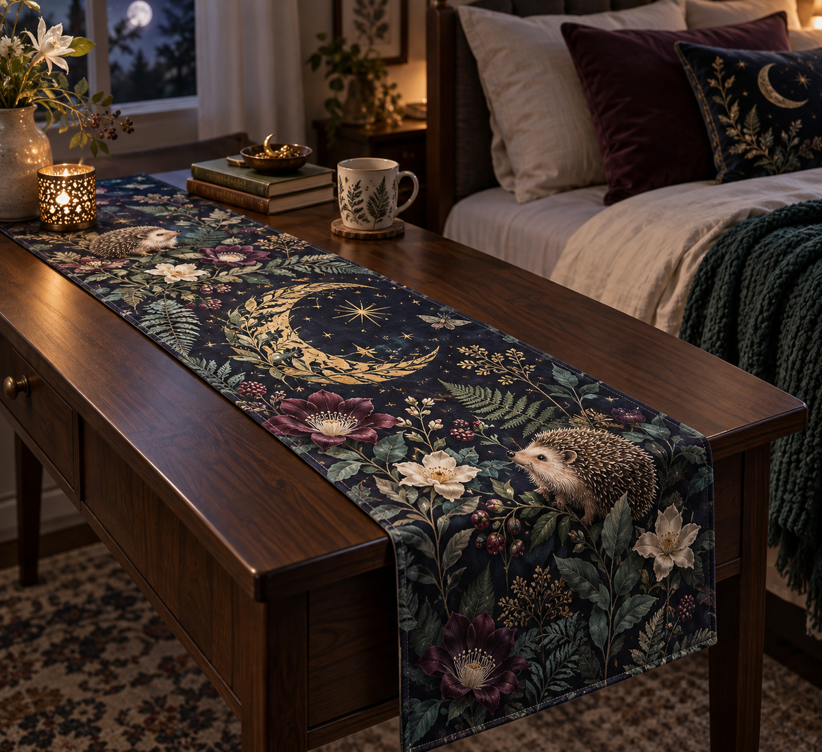 Printed hedgehog garden table runner with leaf crescent moons and night flowers on a bedroom reading table.