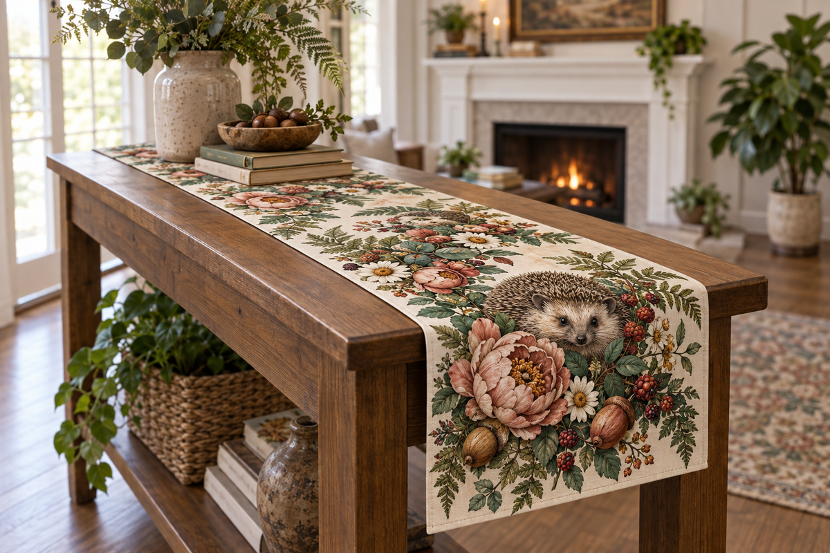 Printed table runner with hedgehog nestled in peonies, ferns and a botanical wreath.