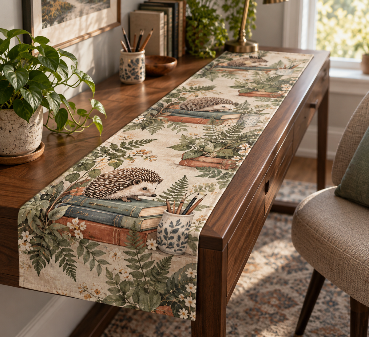 Printed table runner with reading hedgehogs, closed books, ferns and potted desk plants.