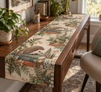 Printed table runner with reading hedgehogs, closed books, ferns and potted desk plants.