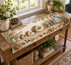 Personalized table runner with a flat printed hedgehog family, cottage doorway, garden flowers and herbs.