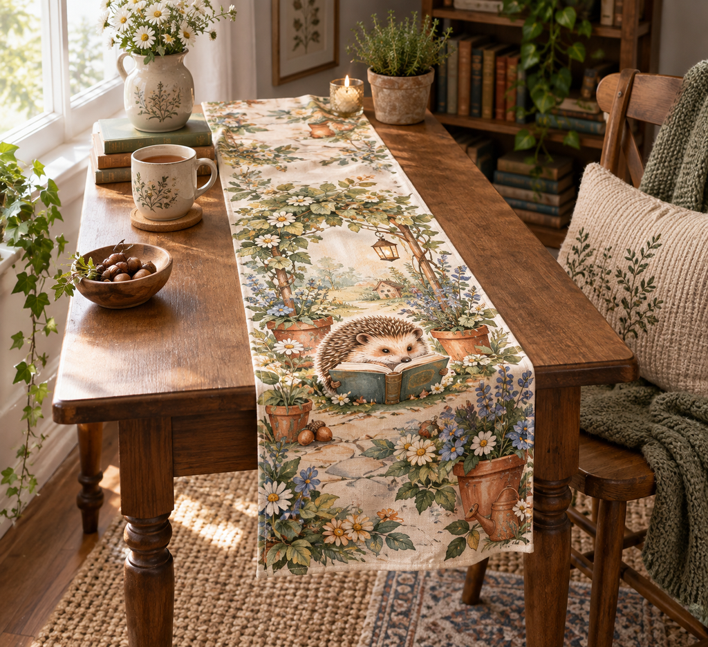 Personalized table runner with a hedgehog reading an open book among cottage-garden flowers and herbs.