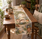 Personalized table runner with a hedgehog reading an open book among cottage-garden flowers and herbs.