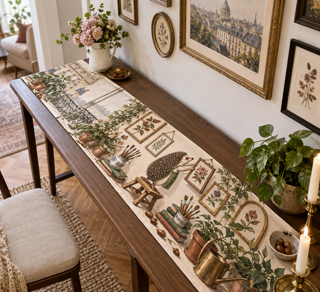 Personalized table runner with a hedgehog curator, miniature botanical picture frames, paintbrush and potted plants.
