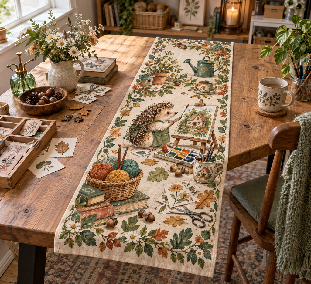 Personalized table runner with a hedgehog painting a cottage garden among watercolor pans, yarn and pressed leaves.