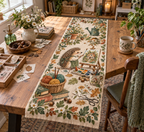 Personalized table runner with a hedgehog painting a cottage garden among watercolor pans, yarn and pressed leaves.