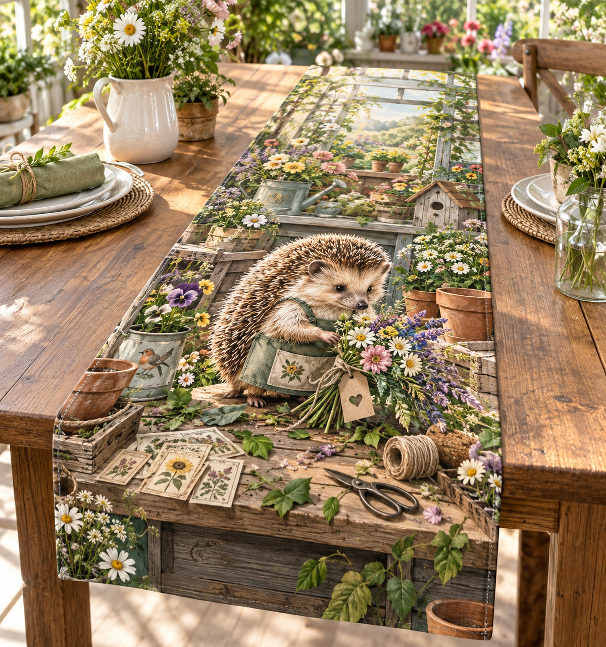 Table runner with a hedgehog florist, host bouquet, garden bench and miniature greenhouse, printed on long fabric.