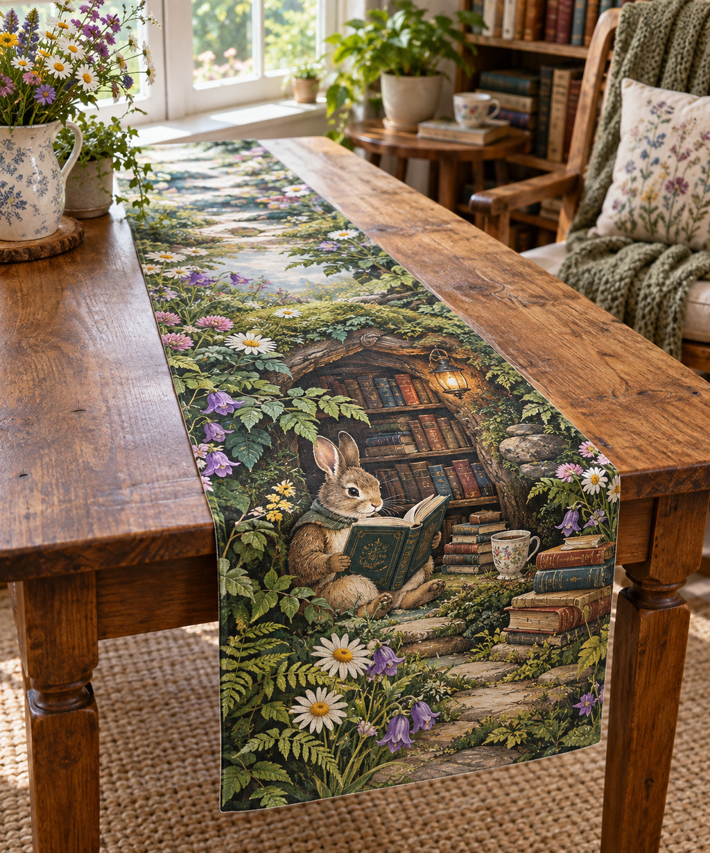 Table runner with a reading rabbit, open book, garden-library nook, ferns and meadow blooms.