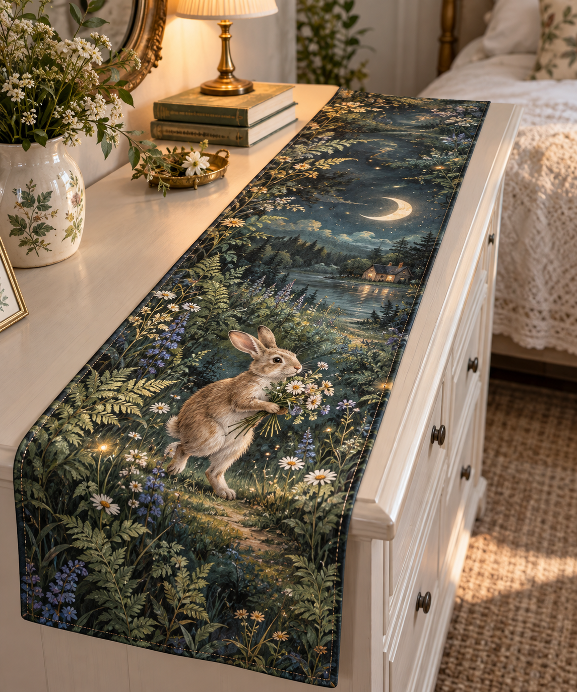 Long table runner with a rabbit, crescent moon, meadow flowers and ferns.
