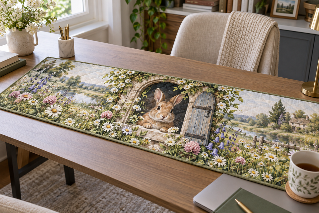 Long table runner with a rabbit peeking through an arched cottage window amid meadow flowers, on a home office desk.