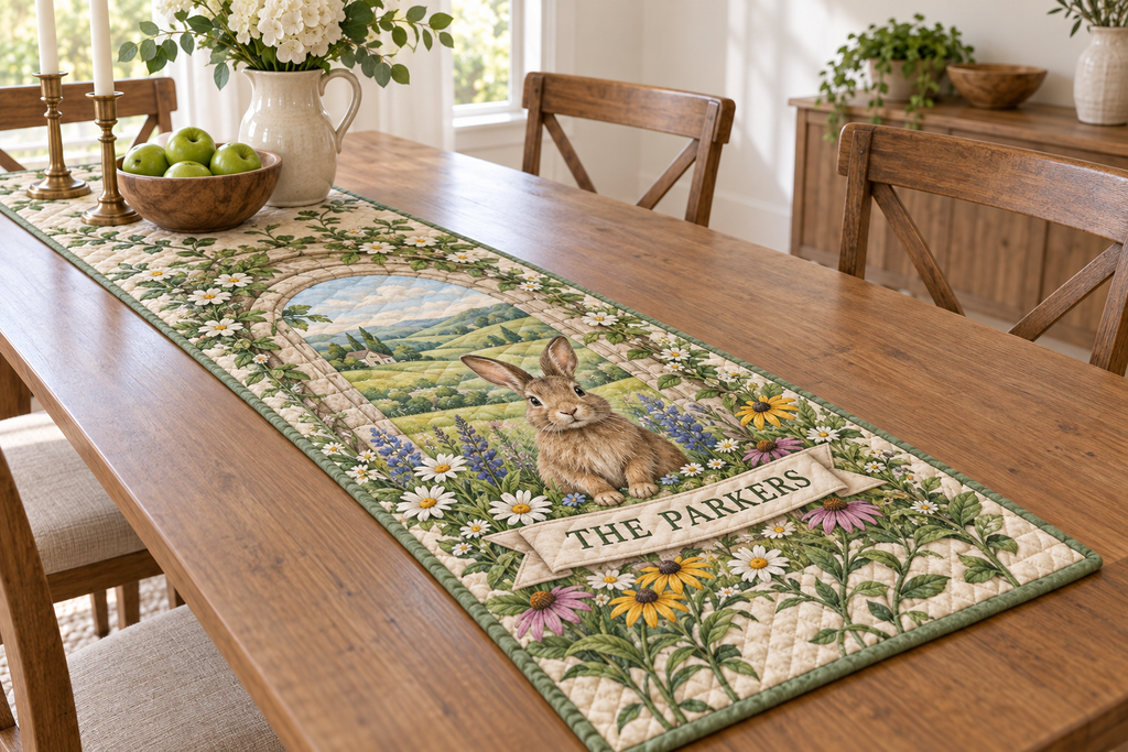 Quilted table runner with rabbit, meadow flowers and a printed THE PARKERS banner on a dining table.