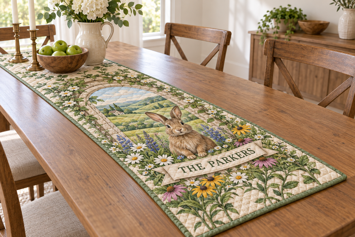 Quilted table runner with rabbit, meadow flowers and a printed THE PARKERS banner on a dining table.